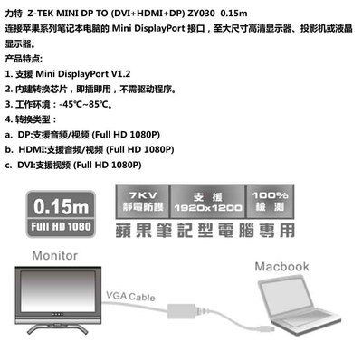 Z-TEK 力特 MINI DP TO (DVI+HDMI+DP) 0.15米转接线 技术参数、应用场景与市场供应解析